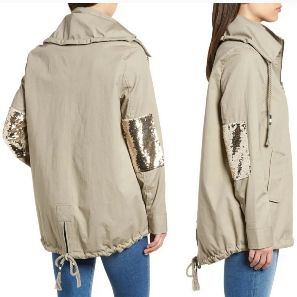 Sam Edelman Khaki Anorak Jacket Sequin Elbow S